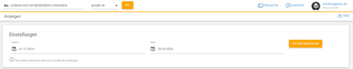 Mitbewerber-Domain eingeben und Analyse-Zeitraum festlegen