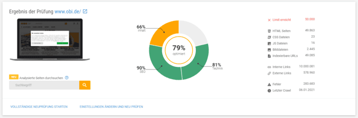 Ergebnis der XOVI Onpage-Analyse von OBI