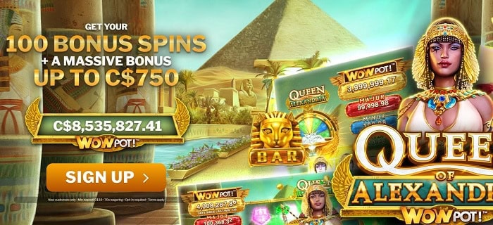 100 gratis spins on Queen of Alexandria WowPot Jackpot