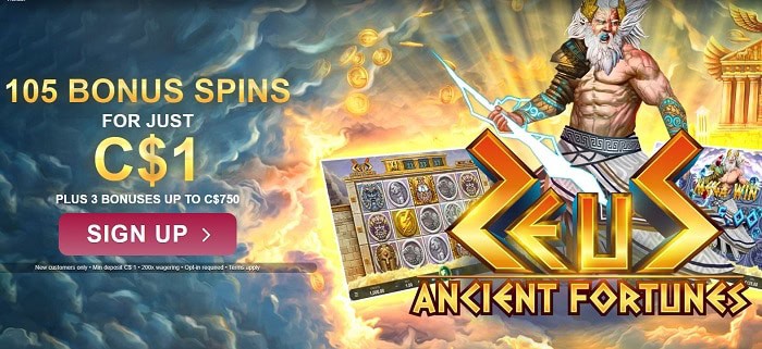 Play 105 free spins on Zeus Ancient Fortunes on $1 deposit 