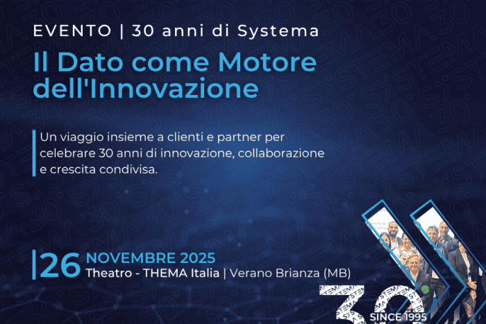 Locandina dell’evento “30 anni Systema” del 26 novembre, dedicato alla celebrazione dell’anniversario dell’azienda.