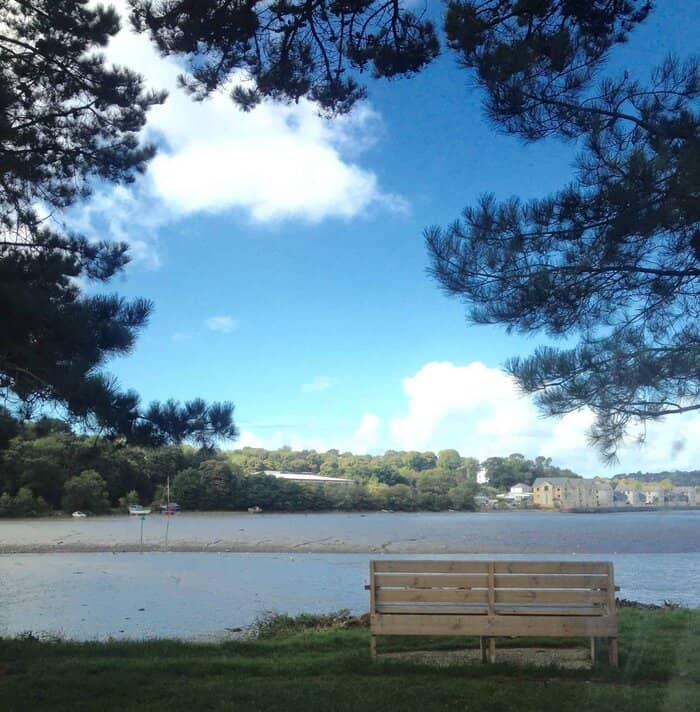 The picnic bench overlooking Malpas River on a cold but sunny Autumn day.