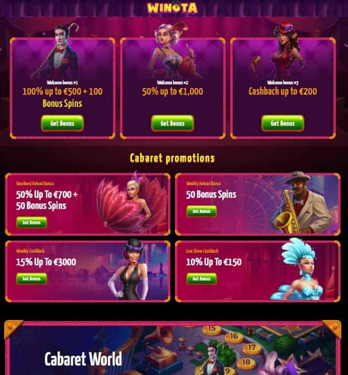 All casino promotions and bonuses at Winota.com 