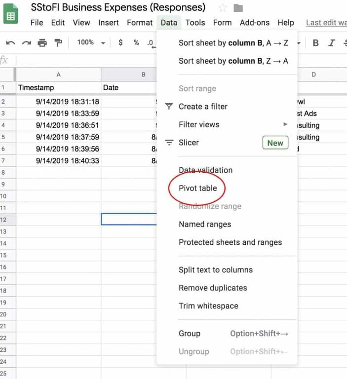 Screenshot of how to create a Pivot table from Form responses in Google sheets