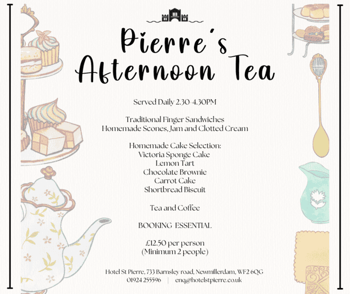 Afternoon tea at Hotel St Pierre Wakefield with finger sandwiches, cakes and scones