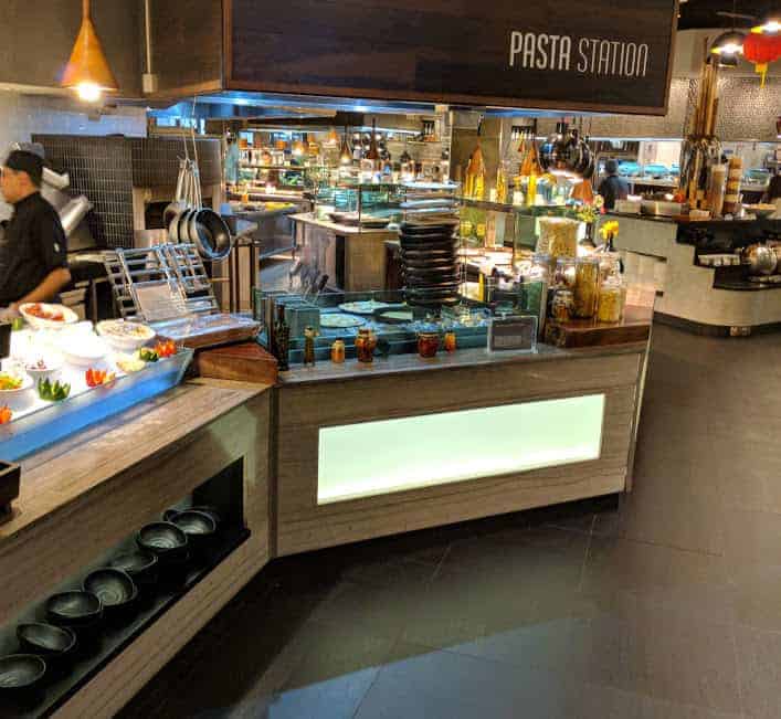 area of buffet where pizzas and pasta are served