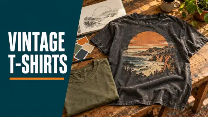 Vintage T-shirts cover showing a new faded charcoal T-shirt with an orange and cream retro sun and landscape print on a wooden workbench.