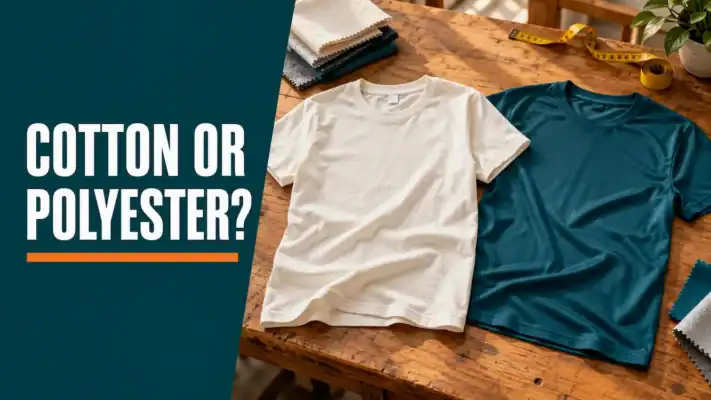 Cotton or polyester comparison cover showing a cream T-shirt and a teal performance T-shirt side by side on a wooden workbench.