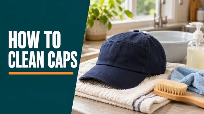 Cap cleaning cover showing a navy baseball cap on a cream towel beside a basin, soft cloth, brush and detergent bottle.