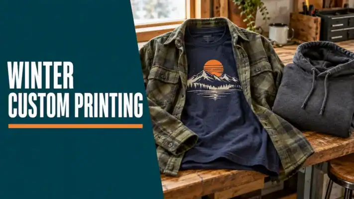 Winter custom printing cover showing a navy mountain-print T-shirt under an open olive checked overshirt beside a charcoal hoodie on a workshop bench.
