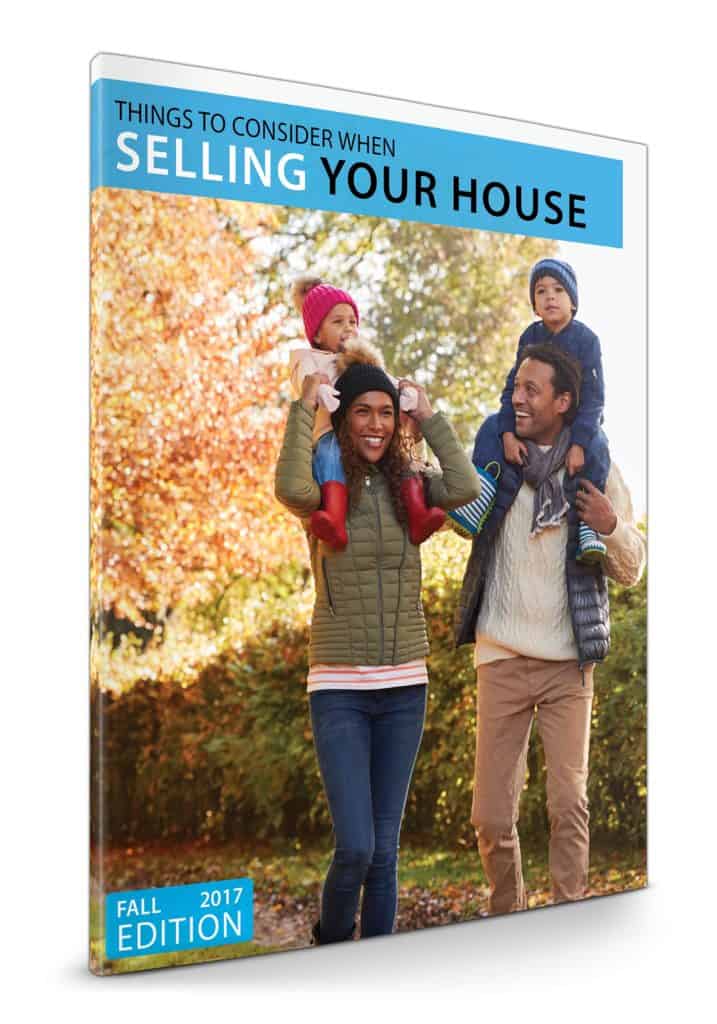 Real estate guide titled "Things to Consider When Selling Your House" featuring a happy family outdoors in autumn.
