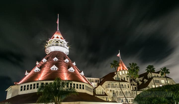 Night shot of hotel del in Coronado