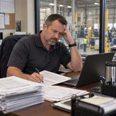 Maintenance manager reviewing reports at a desk in a plant office