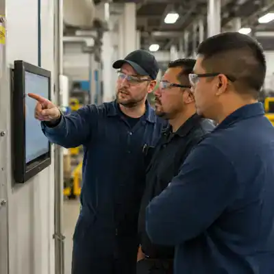 Maintenance manager and technician reviewing a KPI dashboard on a tablet in an industrial facility