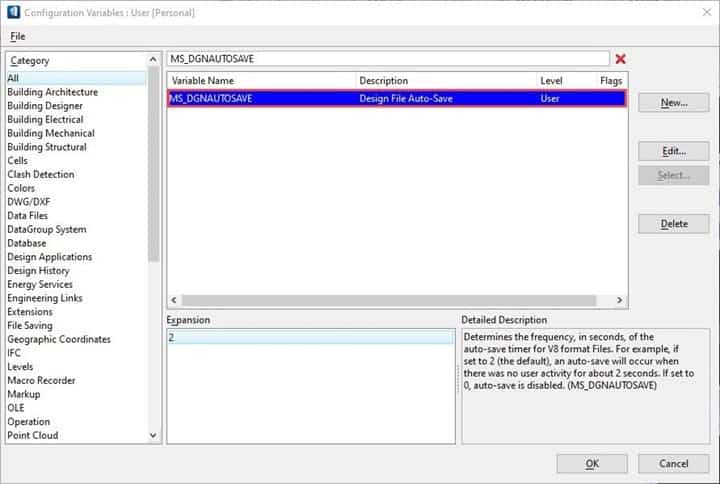 Paramètre d'enregistrement automatique dans un fichier DGN.