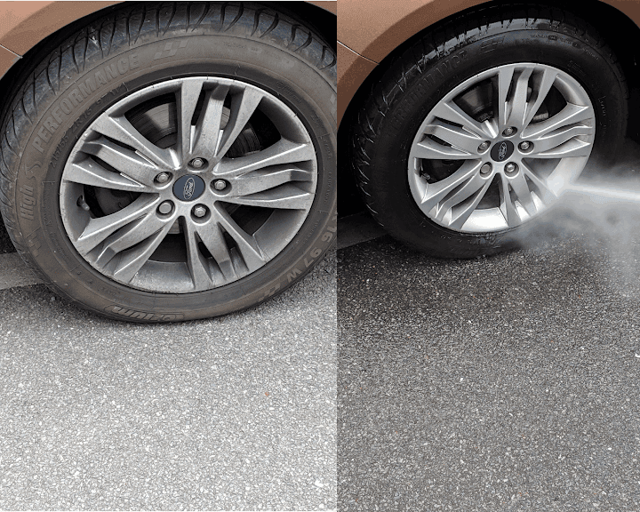 Two pictures. One shows a a dirty tyre and the other shows a clean tyre as it is being washed