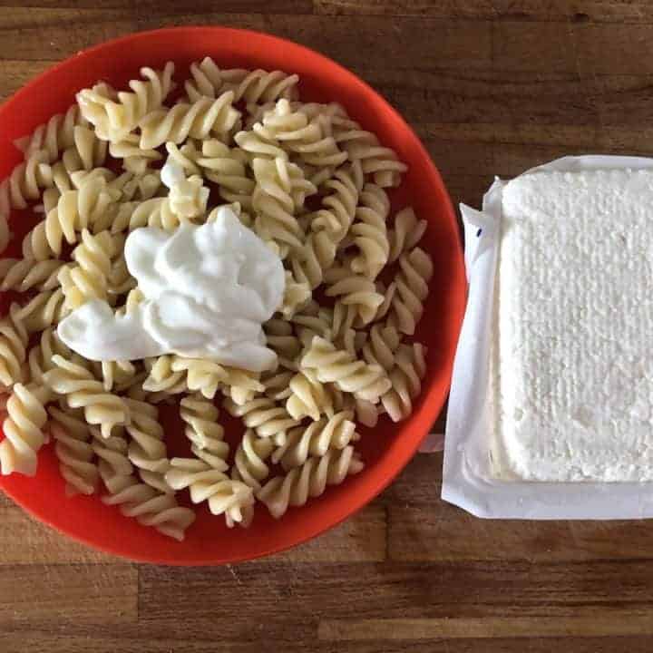 Pasta, cheese and sour cream.