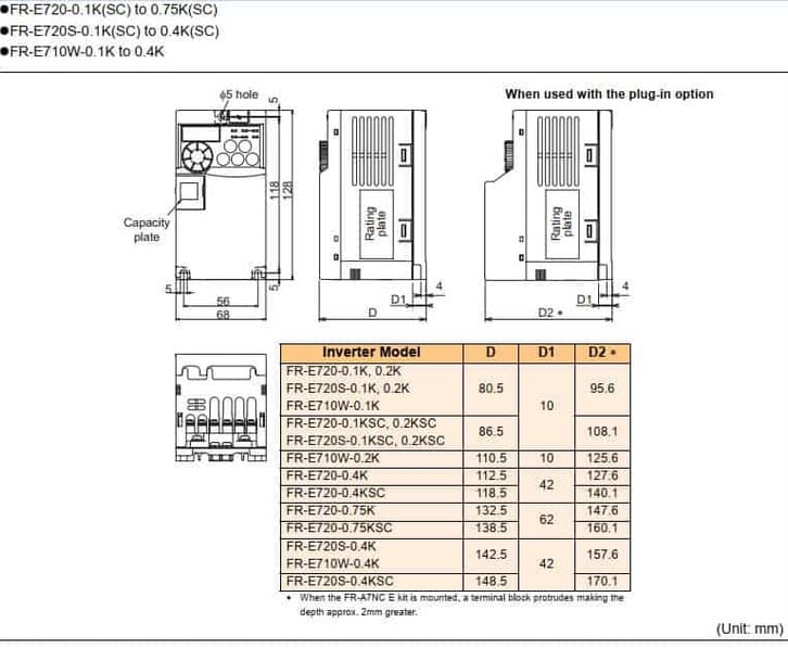 kích thước biến tần FR-E720-0.1K