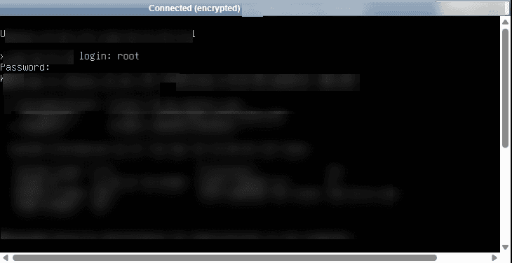 ターミナル・ウィンドウにSSH接続が表示され、rootユーザーのセキュアなログイン・プロンプトが表示され、パスワードの入力を待っている。.