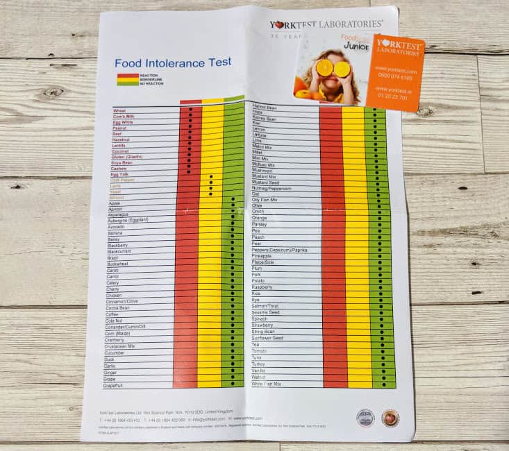 Results from YorkTest Laboratories Intolerance Test on wooden surface