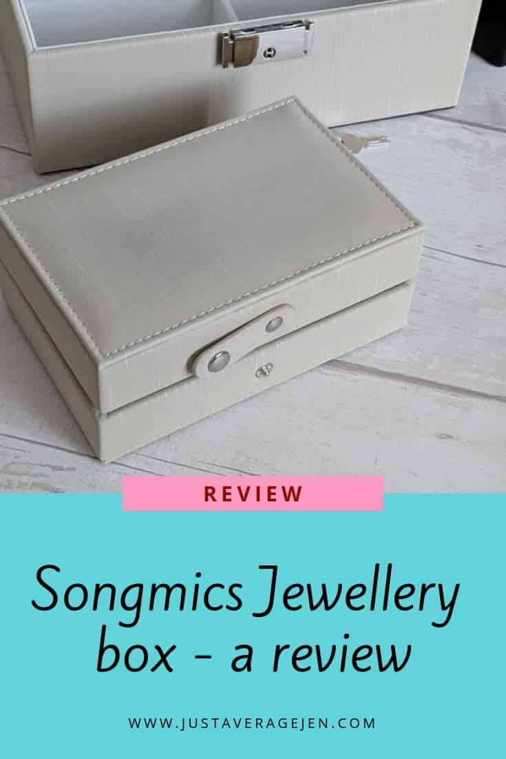 Pinterest pin of Songmics jewellery box on wooden surface