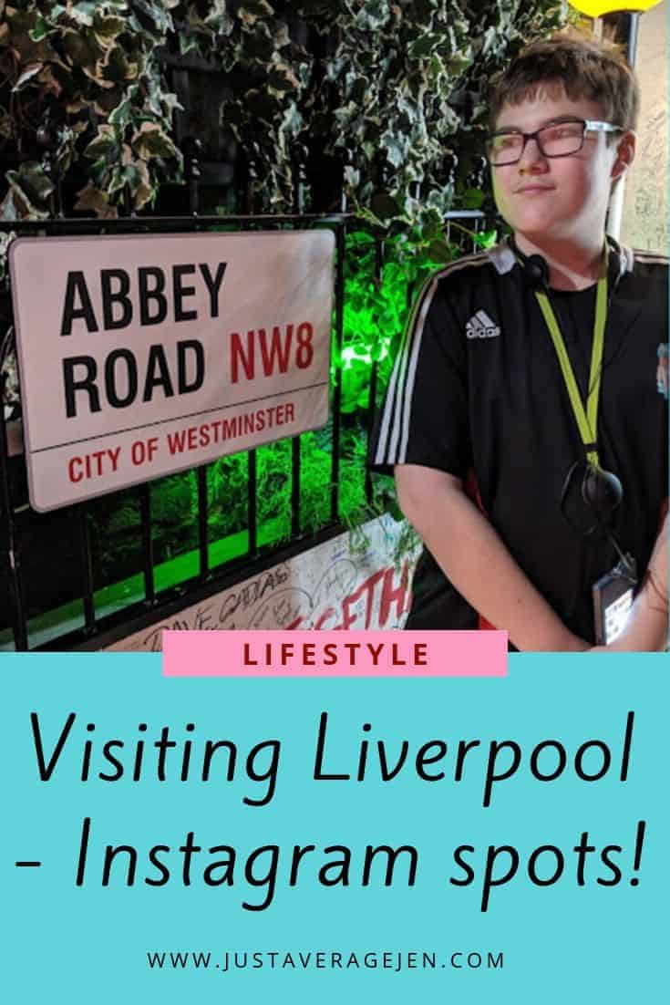 Pinterest pin of teenage boy next to the Abbey Road sign