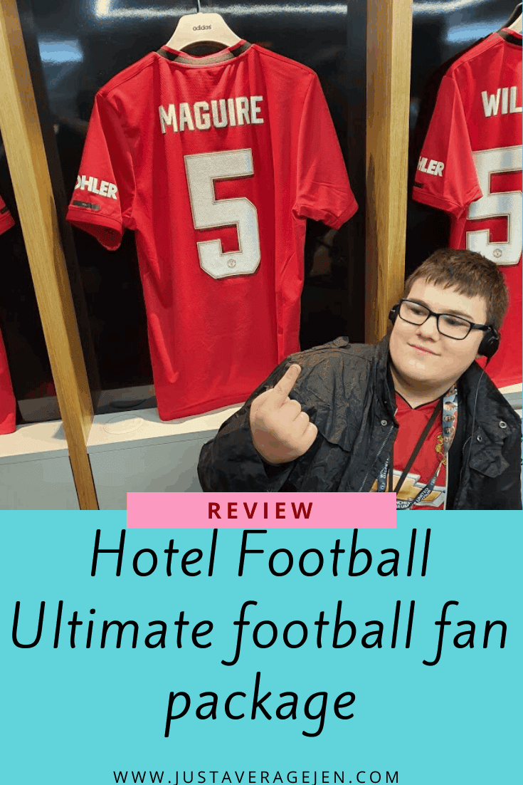 Pinterest pin of a young boy sitting next to football shirts
