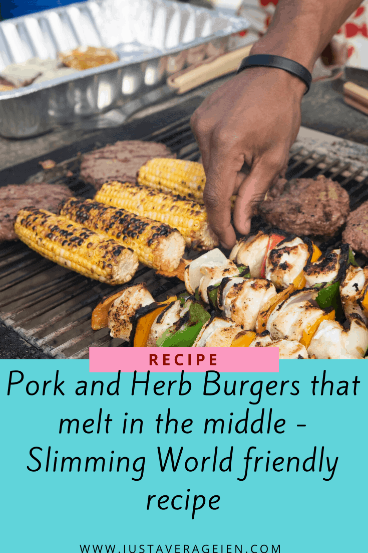 Pinterest pin of kebabs and burgers on a barbecue