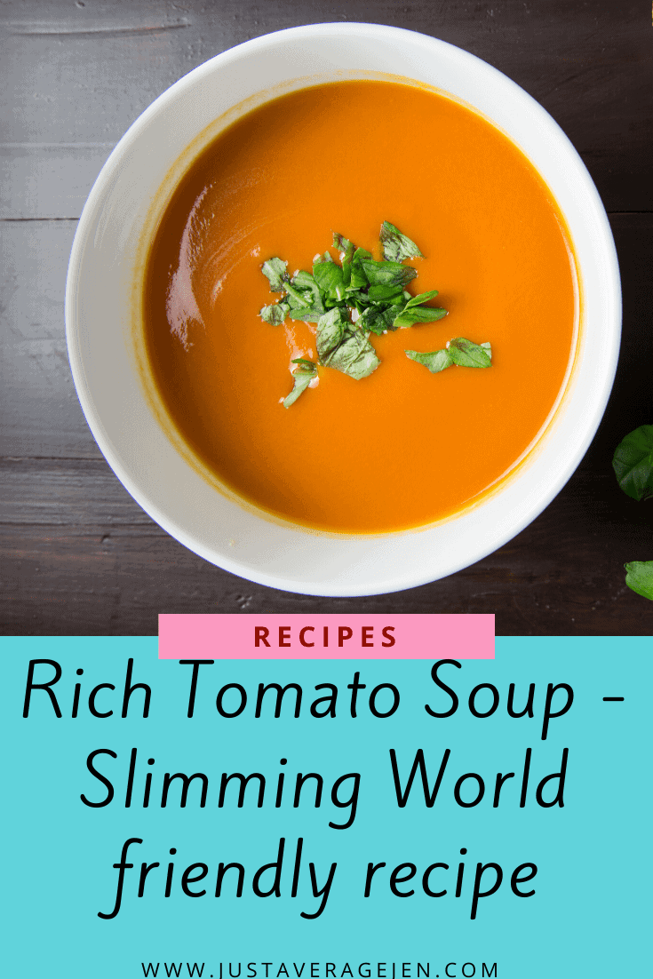 Pinterest pin of a white bowl filled with tomato soup on wooden table