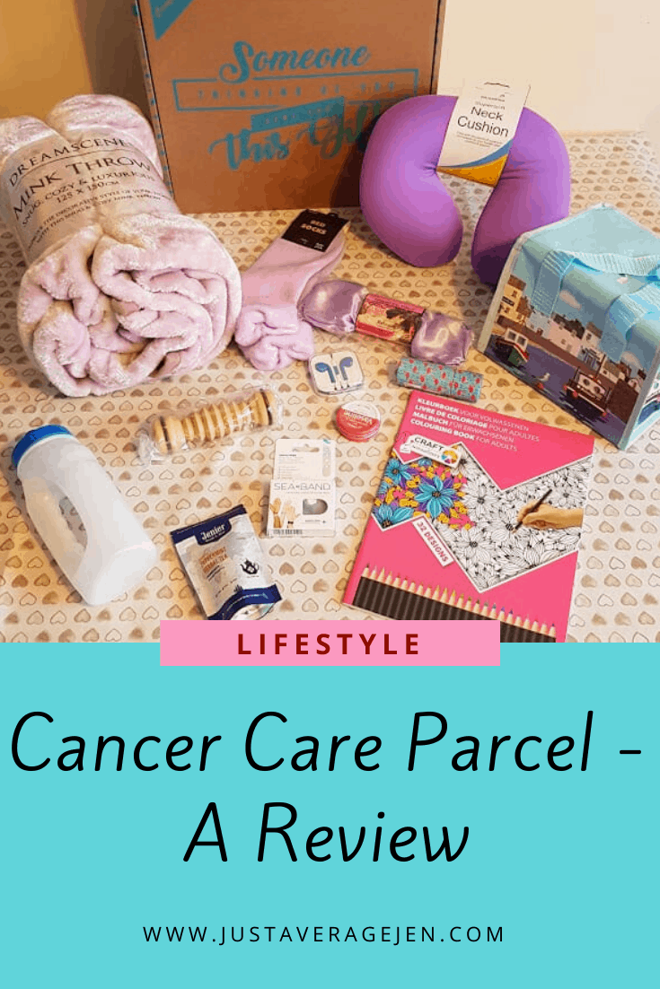 Pinterest pin of Cancer Care Parcel on table