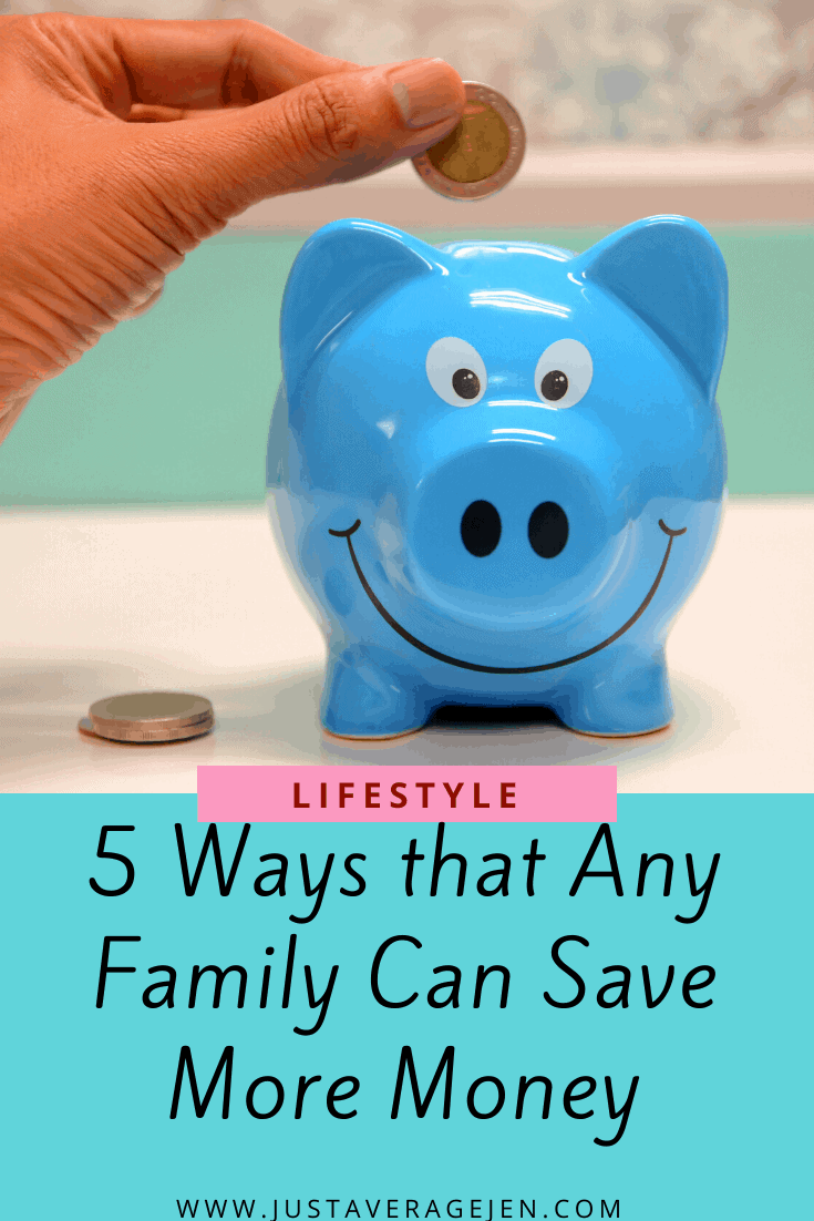 Pinterest pin of blue piggy bank with coins next to it