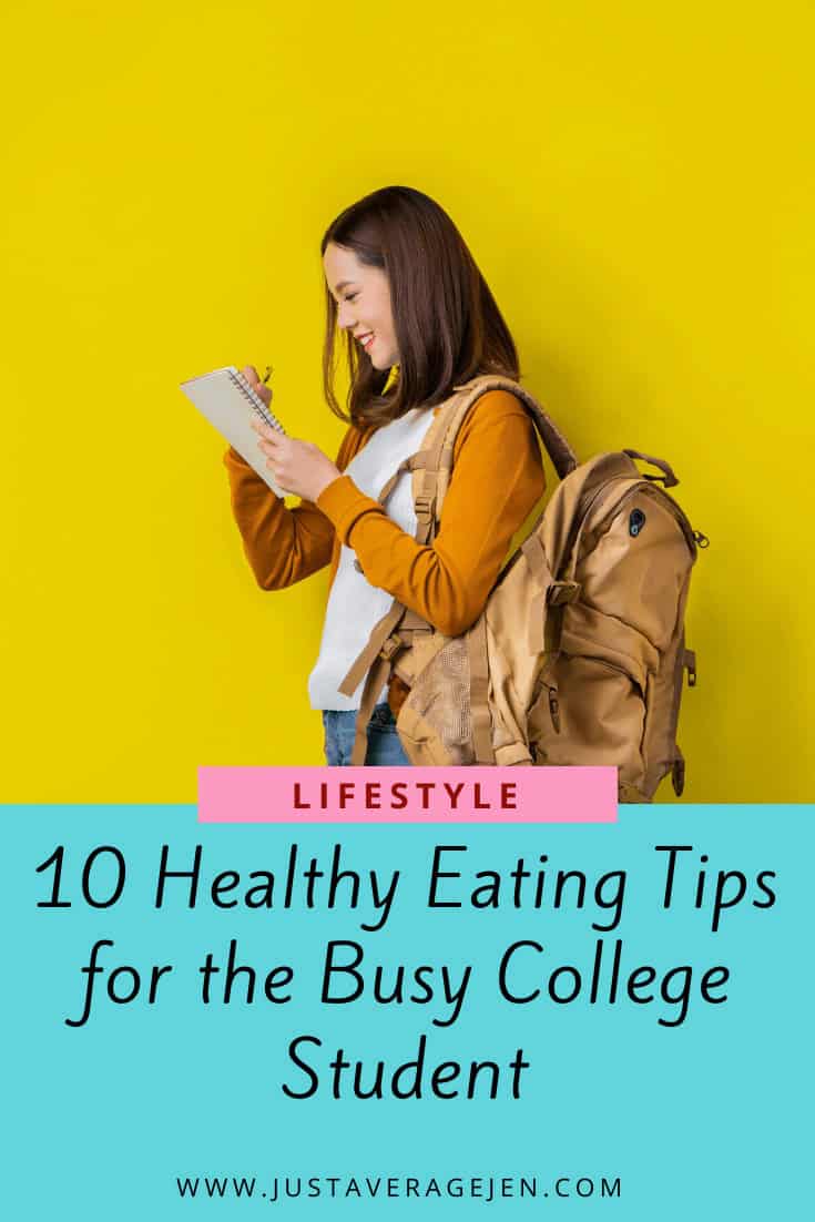 Pinterest pin of brunette woman with brown rucksack holding a notepad and pen