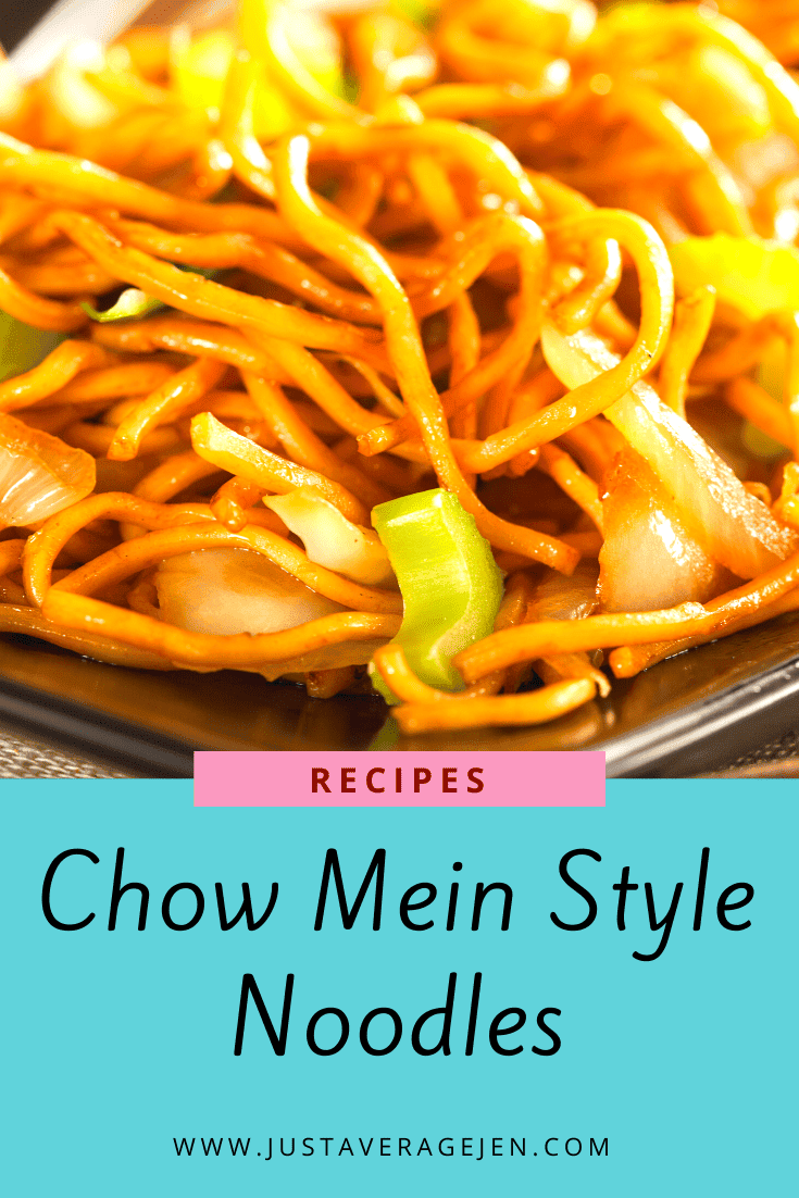 Pinterest pin of close up of chow mein style noodles