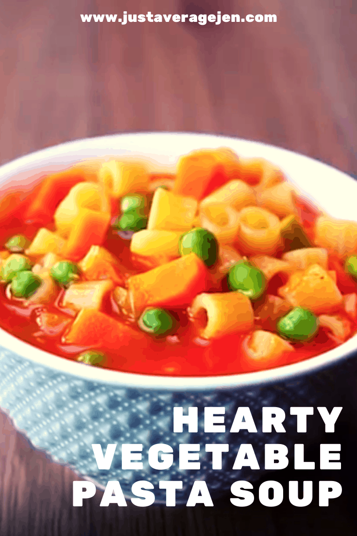 Pinterest pin of vegetable pasta soup in blue patterned bowl