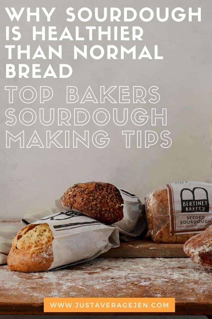 Pinterest pin with sourdough bread in packaging on wooden board