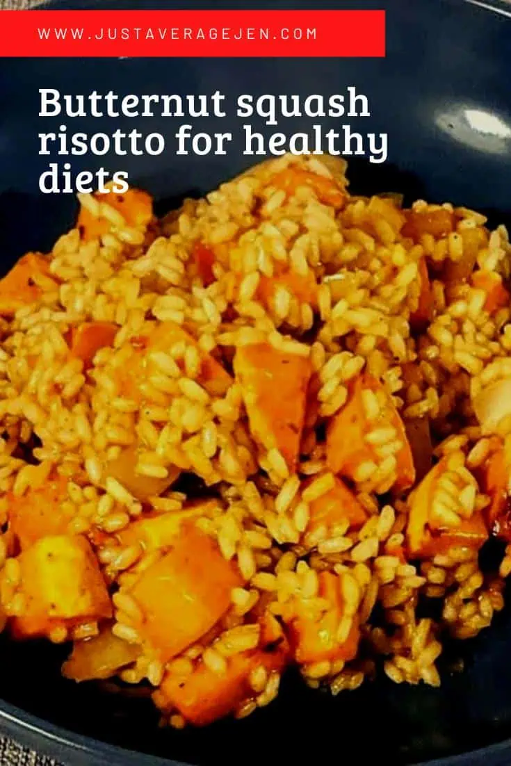 Pin for Slimming World butternut squash risotto recipe showing a close up of the risotto.
