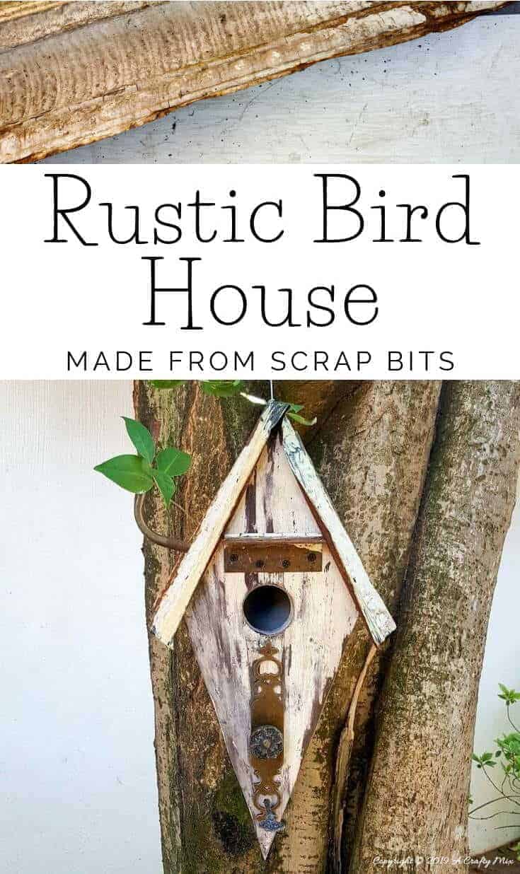 Want to add some rusty curb appeal or improve your backyard? This unique recycled birdhouse is made entirely from scrap bits and has so much character. It’s inexpensive and easy to make too The tutorial includes all the instructions to make your own. #rusticbirdhouse #DIYbirdhouse #paintedbirdhouse #acraftymix #birdhouseideas #uniquebirdhouse