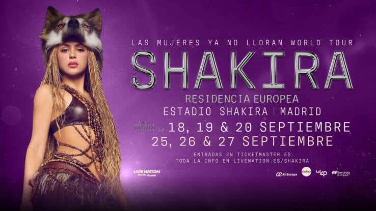 Cartel oficial Shakira Madrid 2026 Las Mujeres Ya No Lloran World Tour - 6 conciertos Estadio Shakira Villaverde