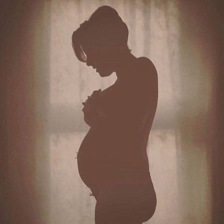 A silhouette of a pregnant lady holding her bump.