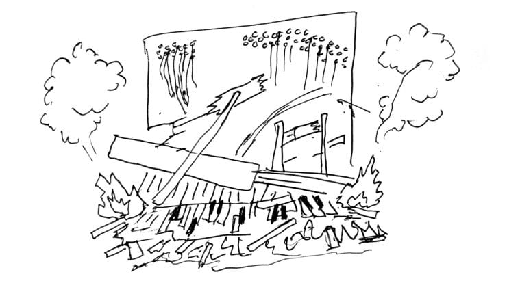 A sketch of a destroyed concert stage with broken pianos, scattered debris, and smoke, highlighting concert accident or stage disaster, emphasizing music industry safety concerns.