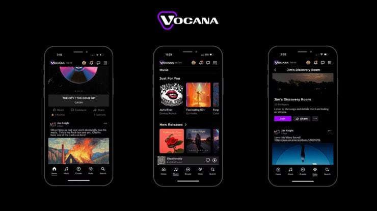 An image showcasing the Vocana music app interface on smartphones, highlighting features like music discovery, community rooms, and new releases for music fans and artists.