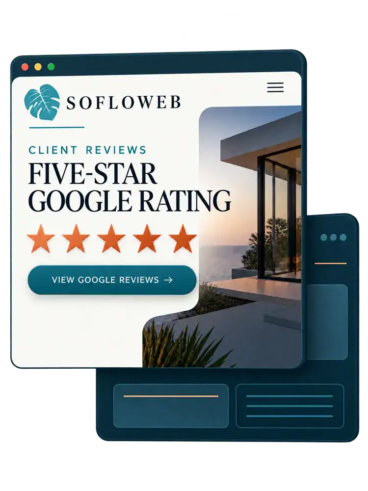 SoFloWeb website graphic showing a five-star Google client rating