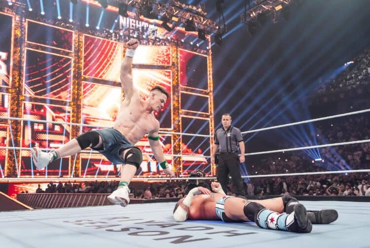 RIYADH, SAUDI ARABIA - JUNE 28: John Cena vs. CM Punk, Seth Rollins, Bronson Reed, Bron Breakker, Paul Heyman; during Night Of Champions at Kingdom Arena on June 28, 2025 in Riyadh, Saudi Arabia.