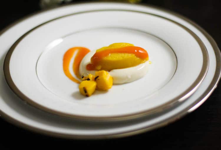 Buttermilk Panna Cotta with Grilled Mango Sorbet