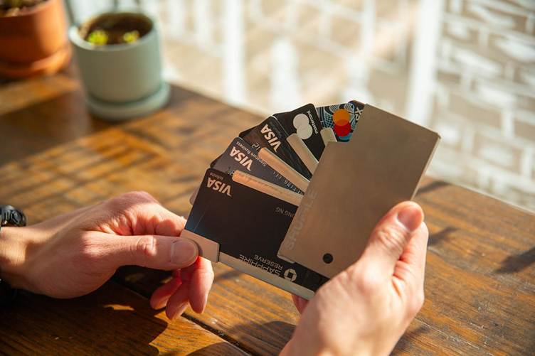 Hands holding a wallet displaying several credit cards fanned out. The cards include Visa and Mastercard. The wallet is open and metallic. A wooden table and two potted plants are in the background.