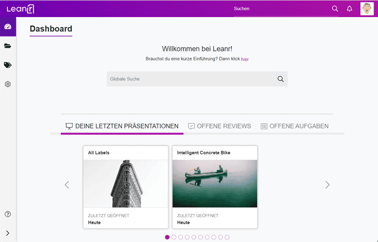 A screen shot of the Dashboard of Leanr with a purple background.