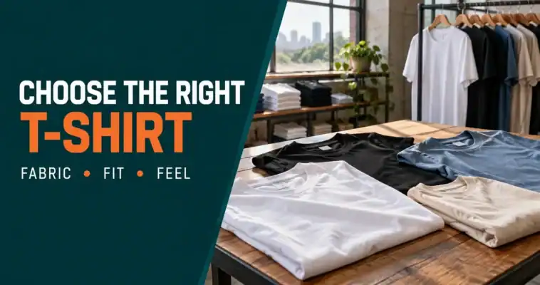 Cotton T-shirts in several colours displayed in a workshop beside the words Choose the Right T-Shirt and Fabric Fit Feel.