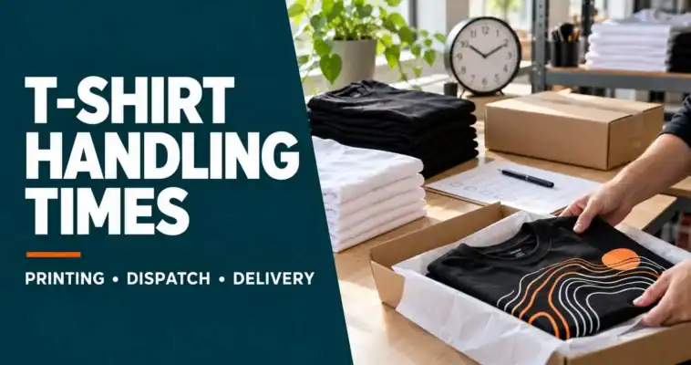 Printed T-shirt being packed in a workshop beside folded shirts, a clock and the heading T-Shirt Handling Times.