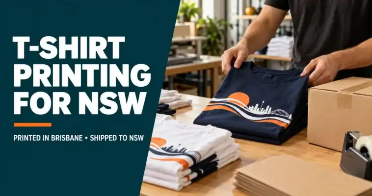 Custom printed navy T-shirt with an illustrative Sydney skyline design being packed beside the words T-Shirt Printing for NSW.