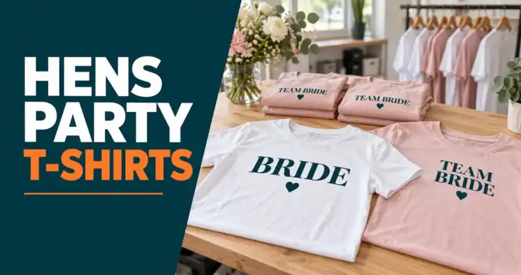 White “Bride” T-shirt and blush pink “Team Bride” shirts on a workshop bench beside a “Hens Party T-Shirts” headline.